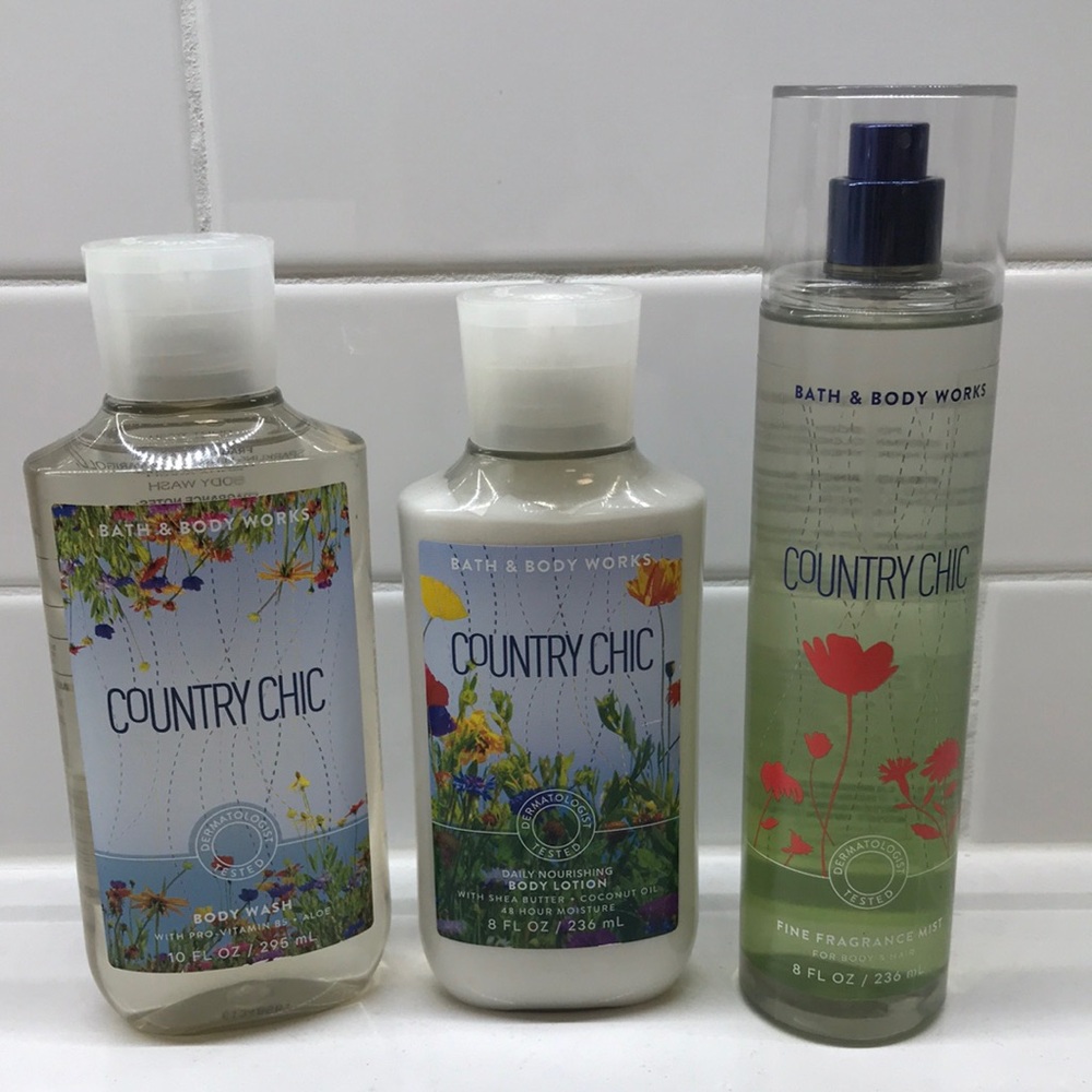 NWT!BBW Country Chic Body Wash, Body Lotion & Fine Frag Mist
